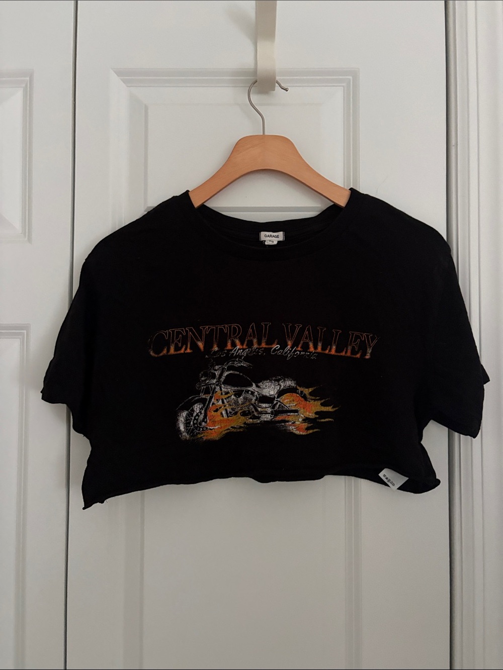 Garage Black Crop Tee with Motorcycle Graphic and Orange Flames